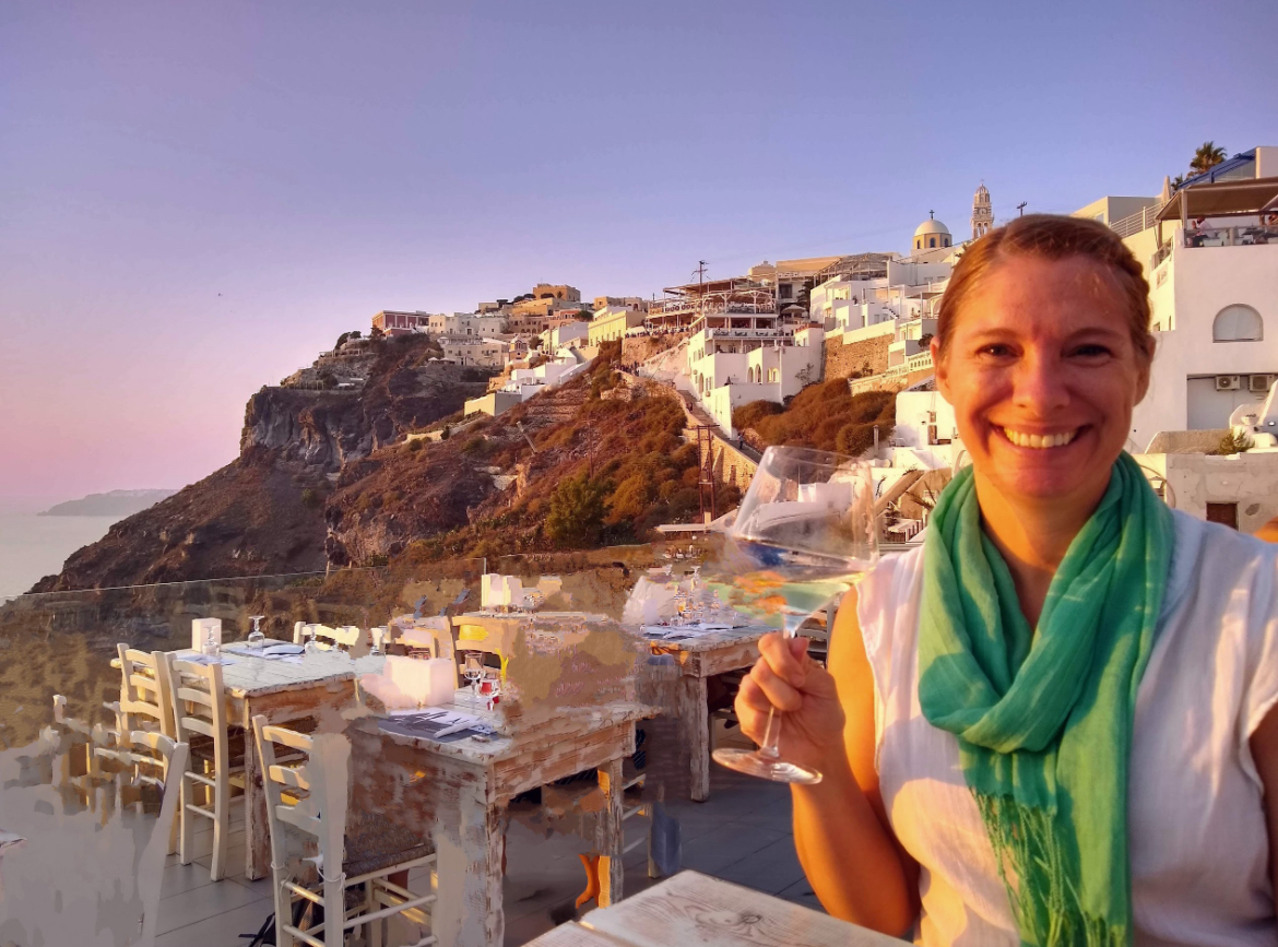 Jodi Sunset with wine greece